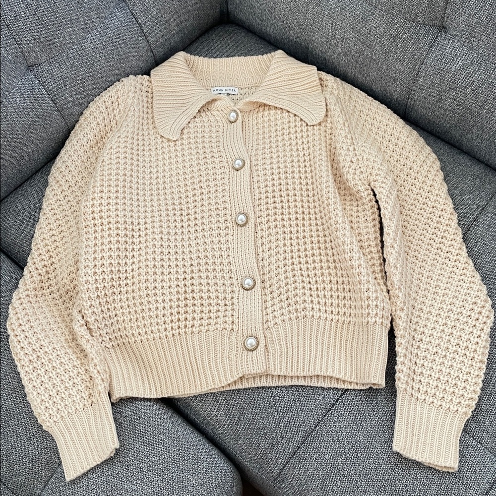 Moon River Collared Puff Sleeve Sweater Cardigan Knit Size M Medium